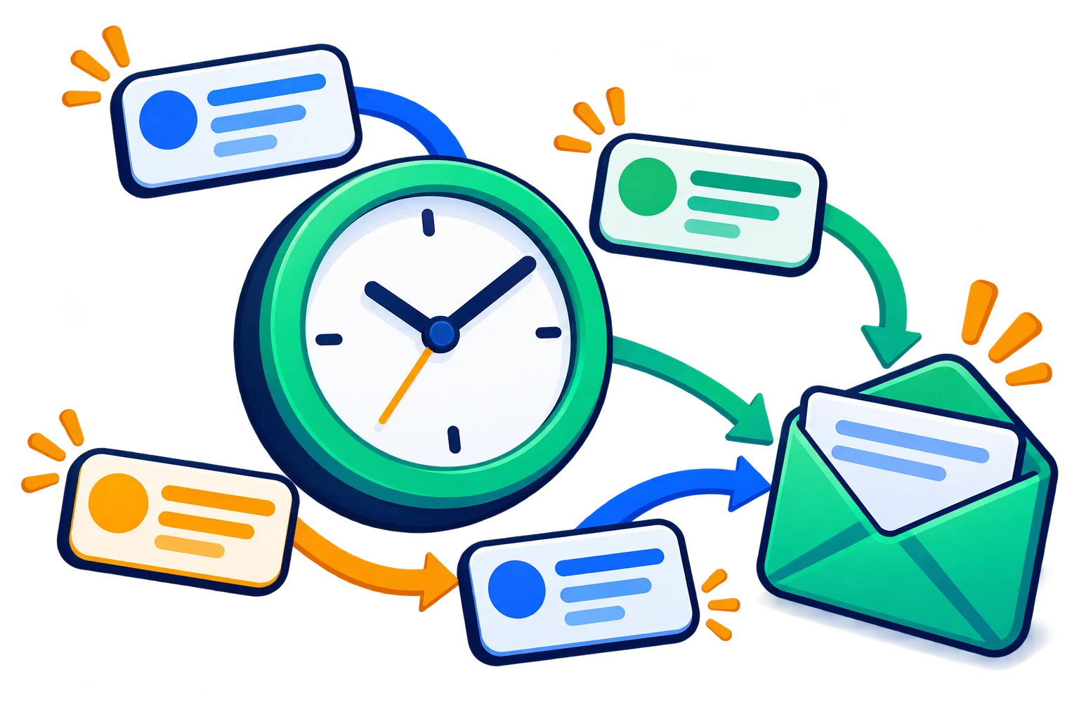 Relógio analógico com cartões de comunicação convergindo para um envelope, ilustrando horários definidos e avisos agrupados.
