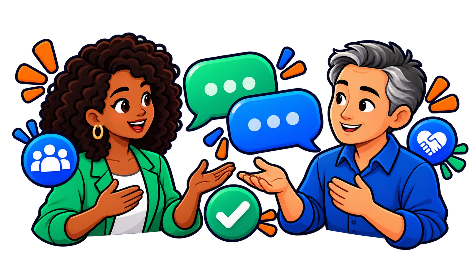 Duas pessoas conversando de maneira respeitosa, com balões de diálogo vazios e um símbolo de confirmação entre elas.