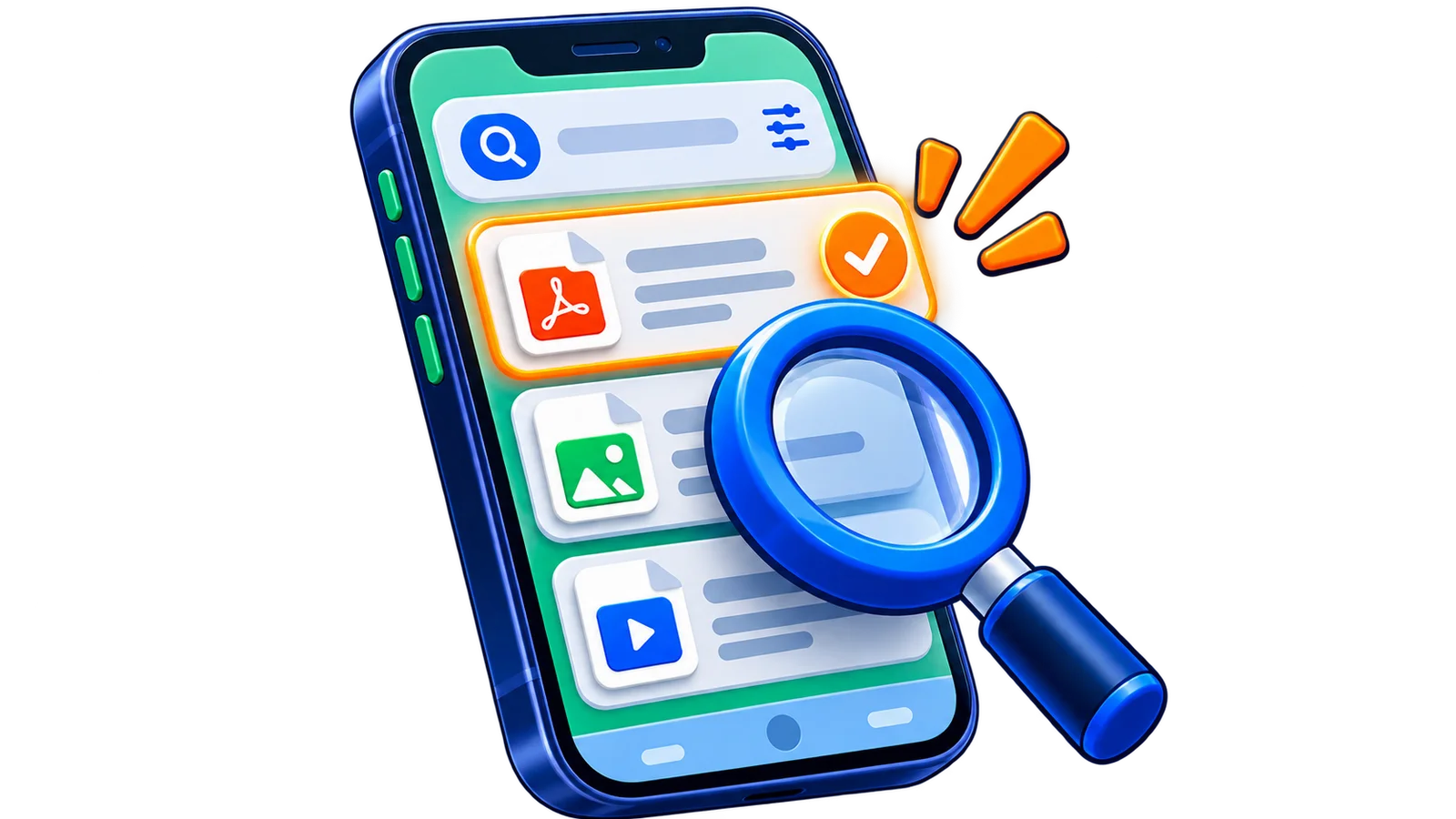 Smartphone inclinado exibindo uma interface genérica de pesquisa, com lupa azul e cartões de documentos organizados.