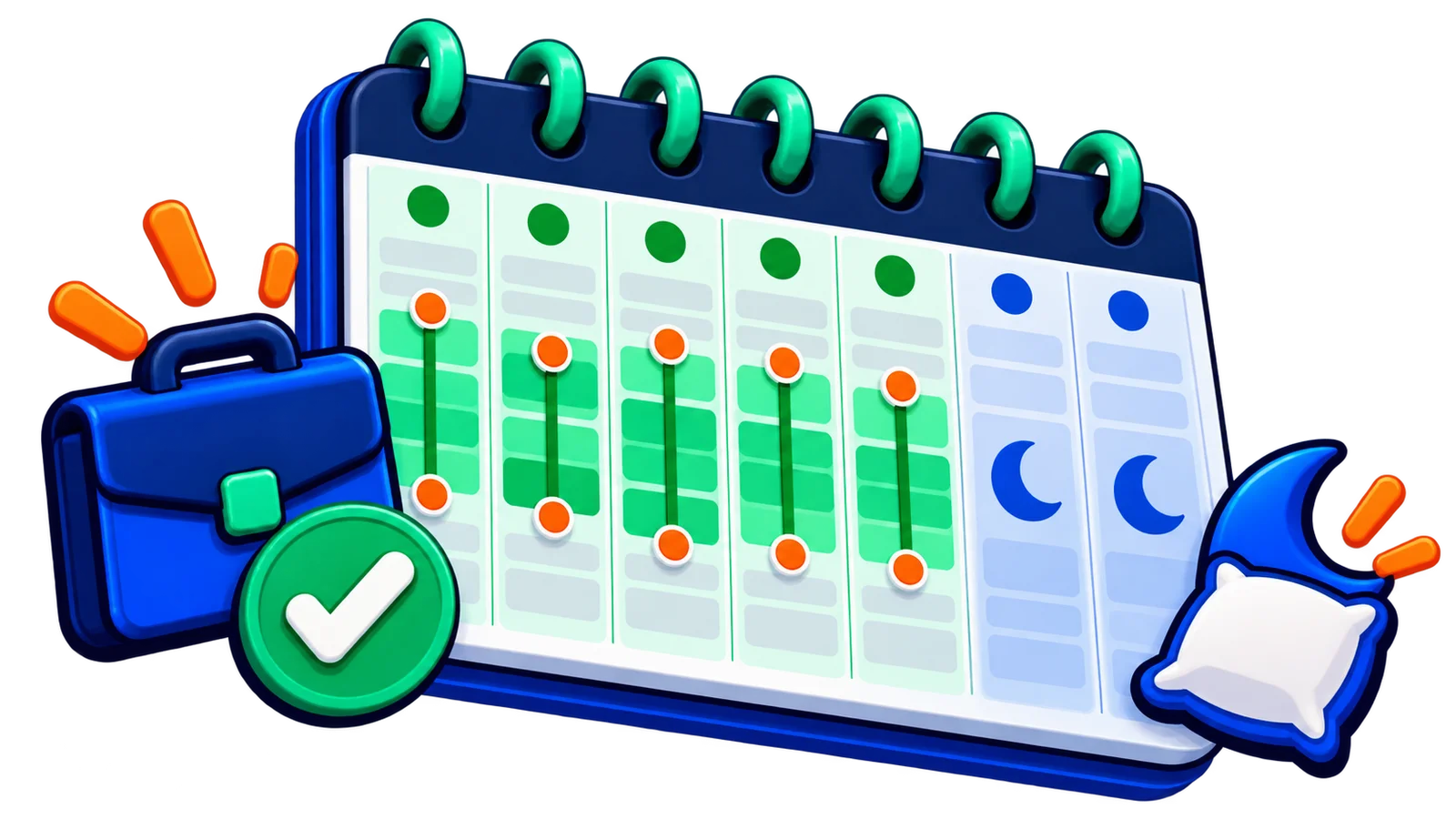 Calendário semanal com períodos de expediente destacados em verde e dias de descanso diferenciados por cores suaves.