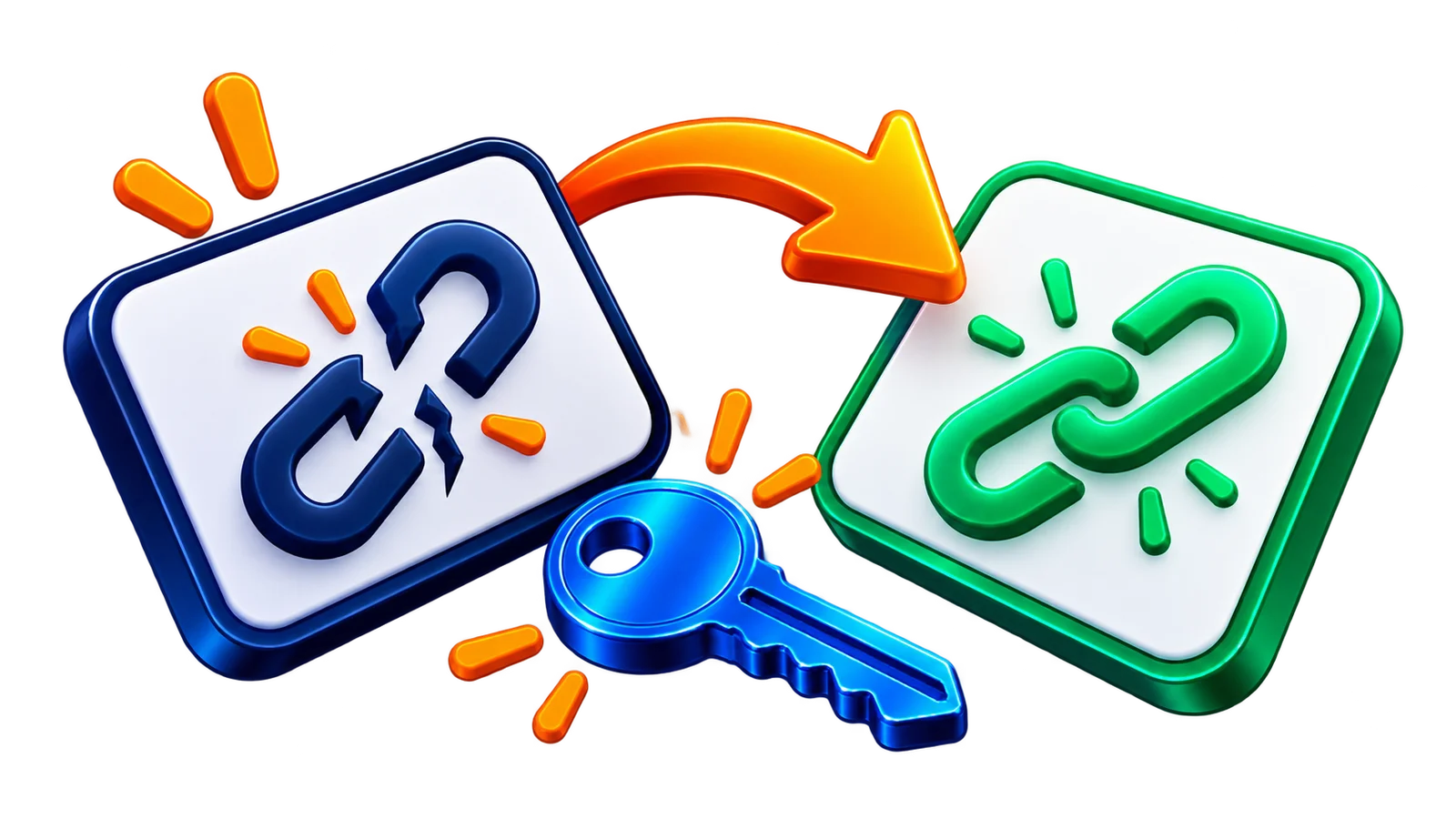 Dois cartões de convite, um com símbolo de link rompido e outro com link ativo, conectados por uma seta de substituição.