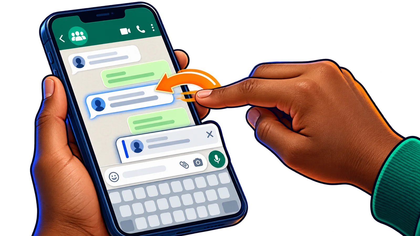 Mão deslizando uma mensagem para a direita na tela de um smartphone para iniciar uma resposta específica.