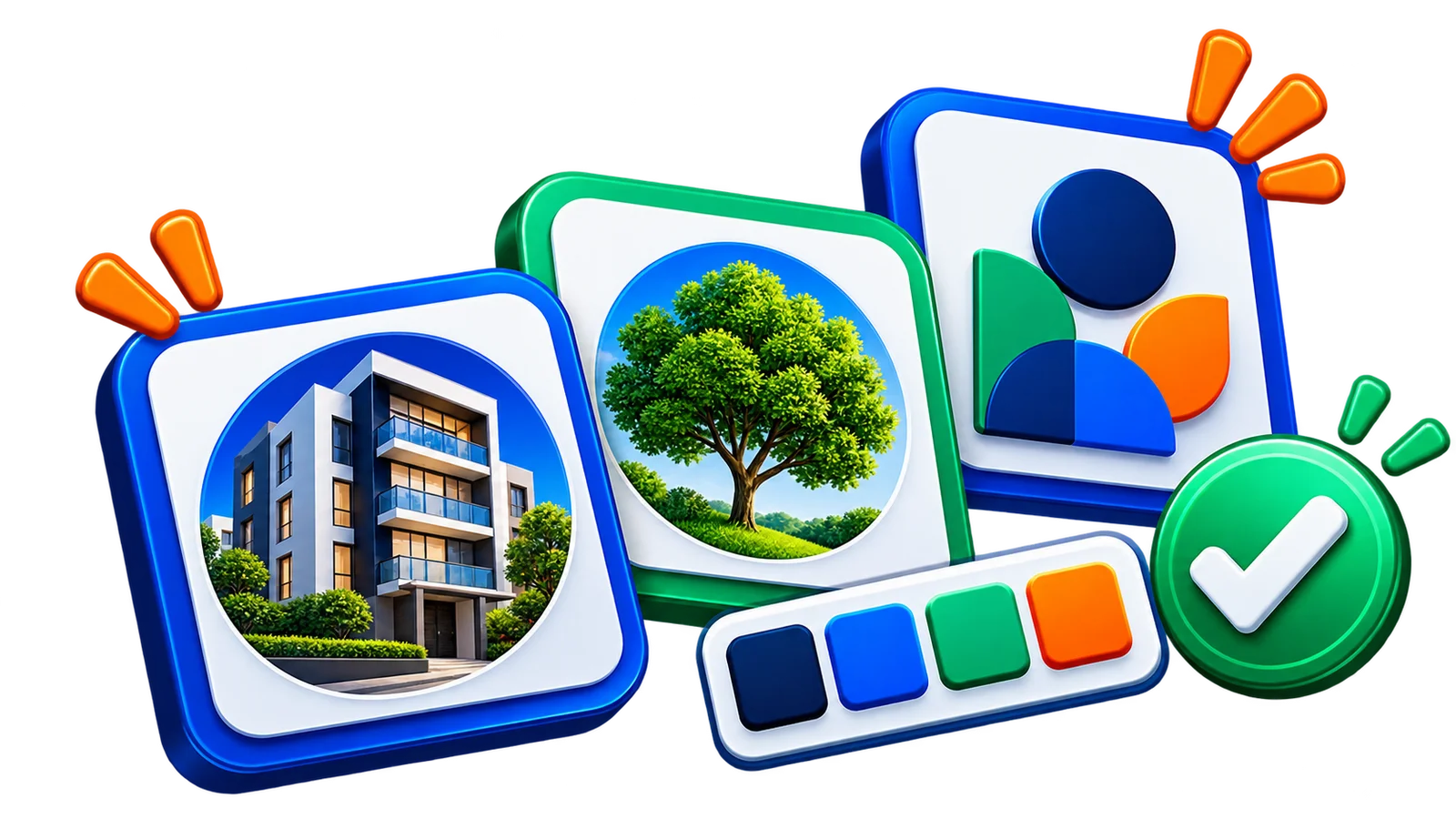 Três cartões com opções de identificação visual para grupos, acompanhados de amostras de cores e símbolo de aprovação.