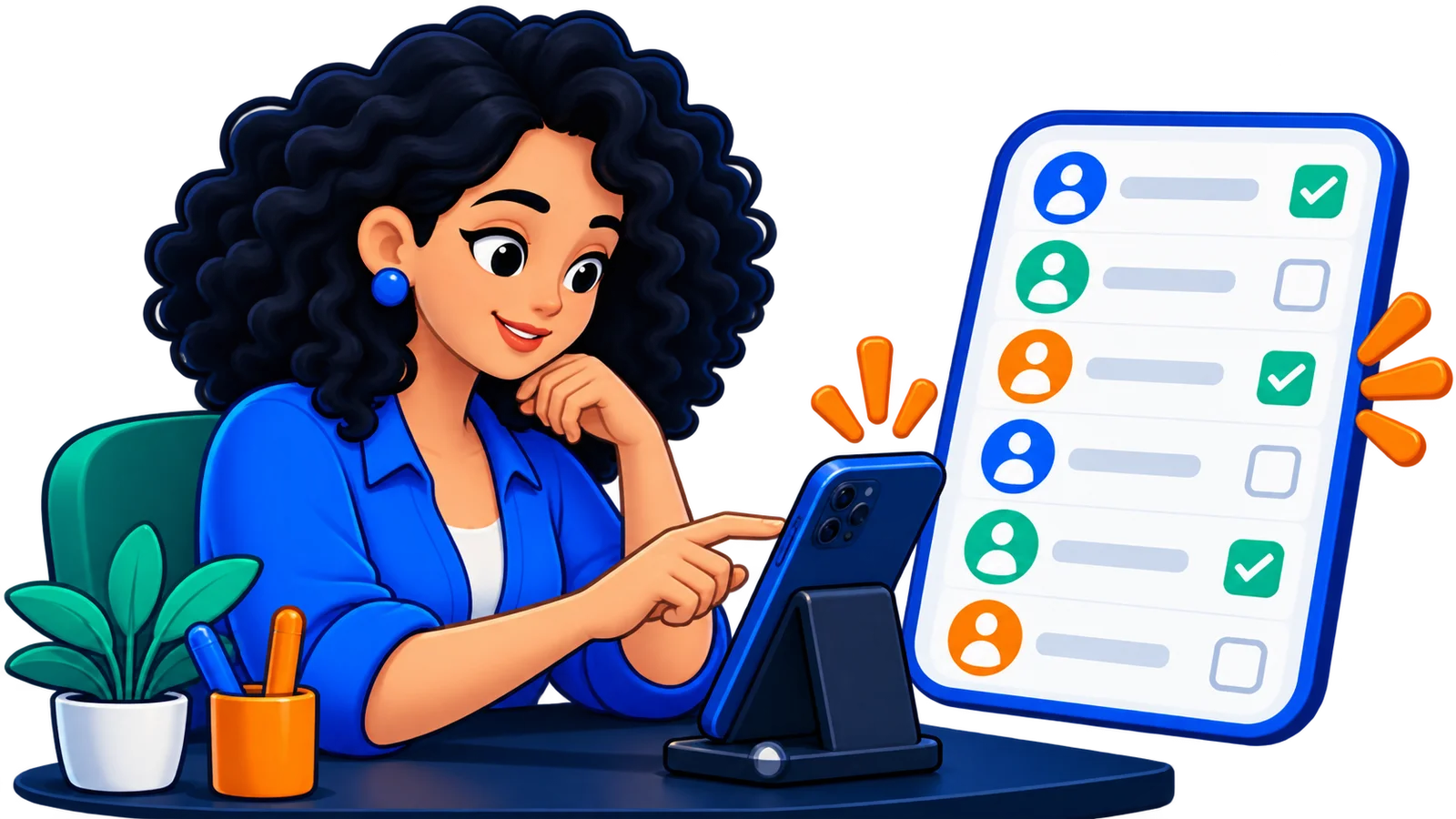 Mulher selecionando contatos em uma interface conceitual de lista de transmissão, com três destinatários marcados.