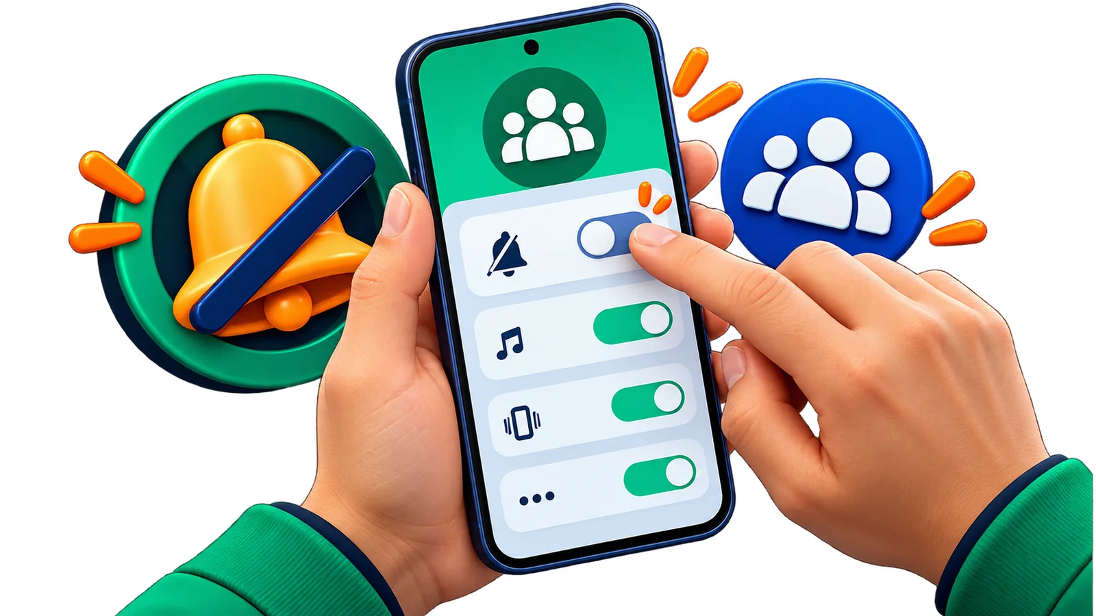 Mãos segurando um celular enquanto um dedo desativa o controle de notificações de uma conversa em grupo.
