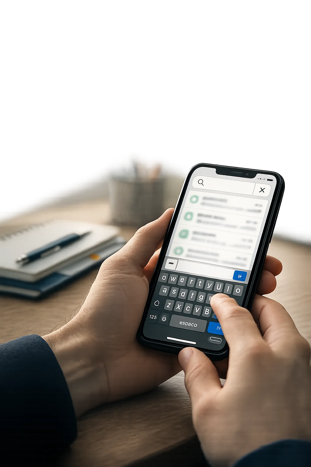 Mãos digitando um termo de pesquisa em um aplicativo de mensagens no smartphone.