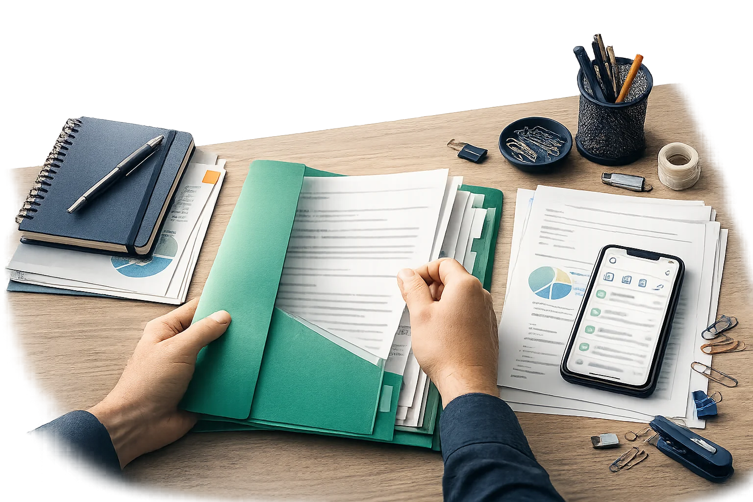 Smartphone ao lado de documentos e pastas organizados sobre uma mesa de escritório.